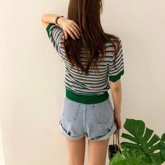 NWOT Loose Knit Green & Pink Stripped Sweater With White Flower Buttons Size M - Picture 2 of 10